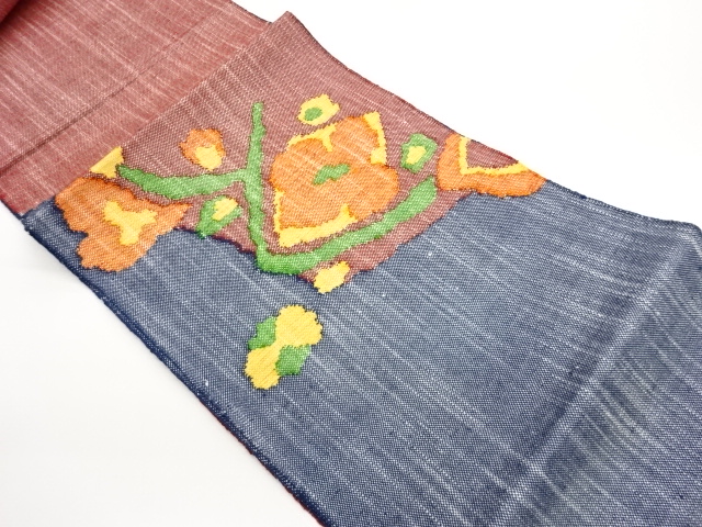 JAPANESE KIMONO / NAGOYA OBI / SILK / HAND WOVEN / MAWATA TSUMUGI / ABSTRACT FLOWERS
